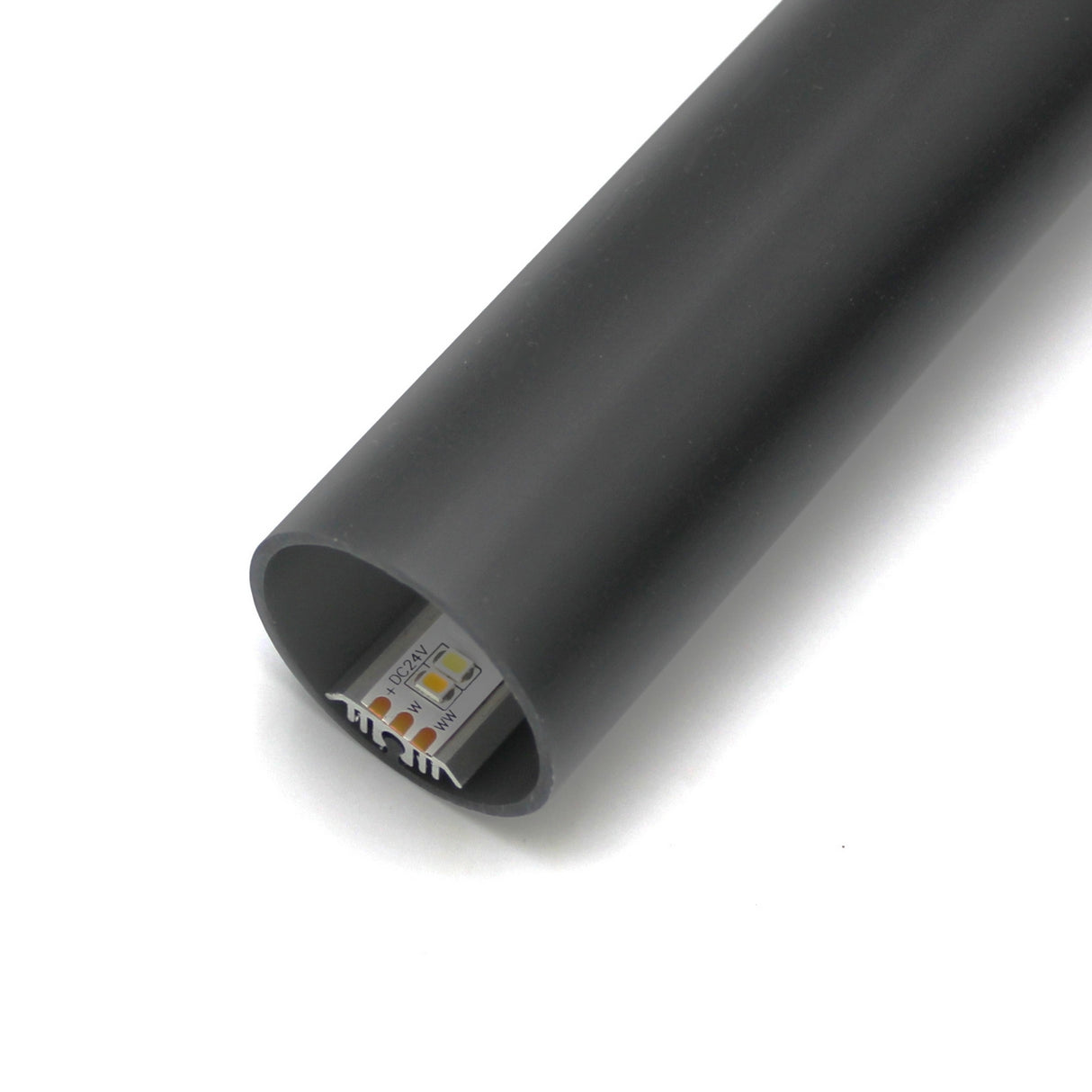 The 1.50" Round Acrylic LED Tube ~ Model Sierra38 is shown in black with an LED strip partially inserted, exposing the strip's electronic components and colored segments at the tube's open end.