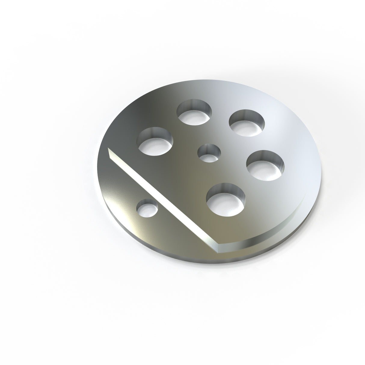 The Aluminum End Cap for Sierra38 Profile is a round, metallic piece with five holes and a diagonal groove, designed for suspended lighting fixtures and shown on a white background.