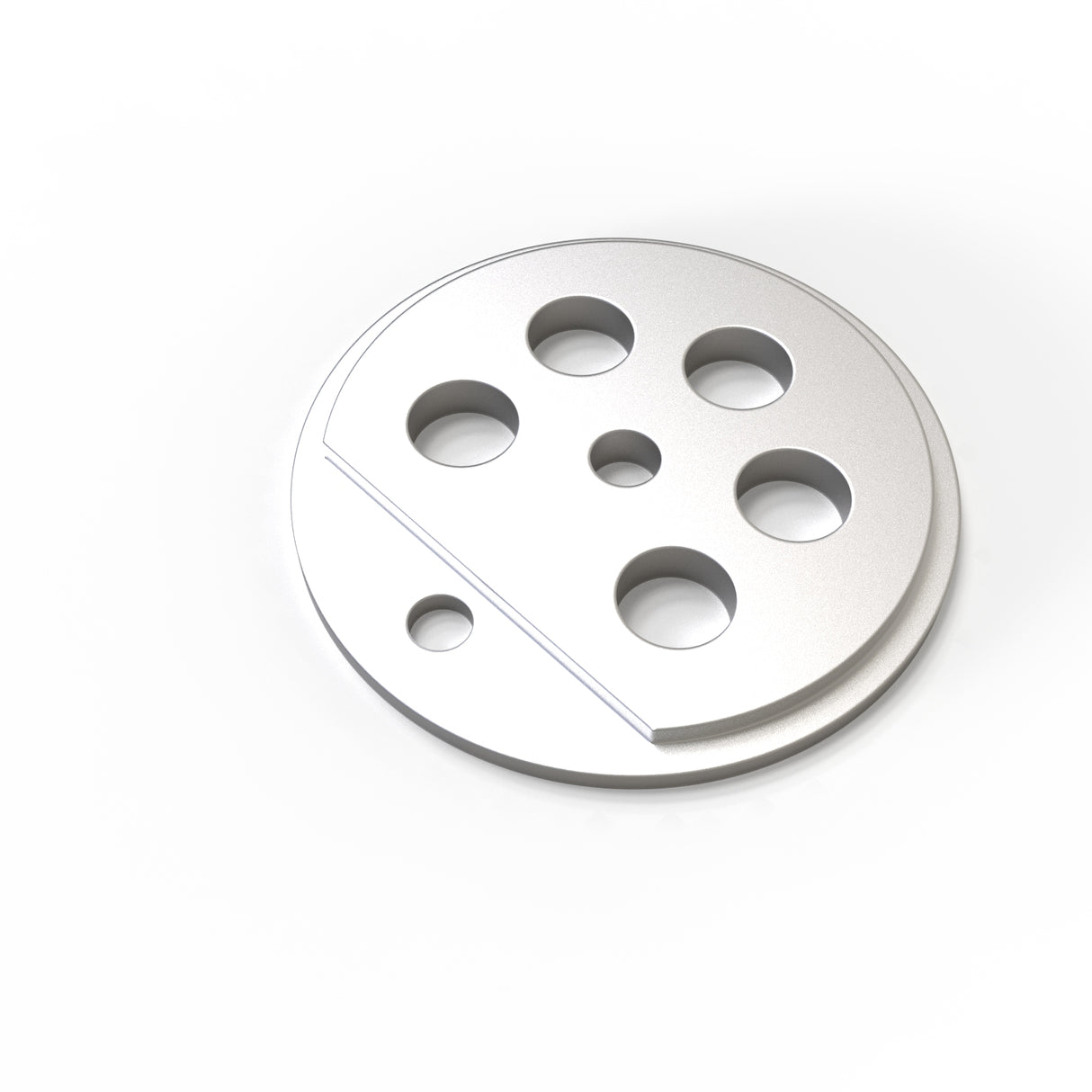 A round, metallic Aluminum End Cap for Sierra38 Profile with five circular holes of varying sizes and a diagonal groove is shown resting on a white background.