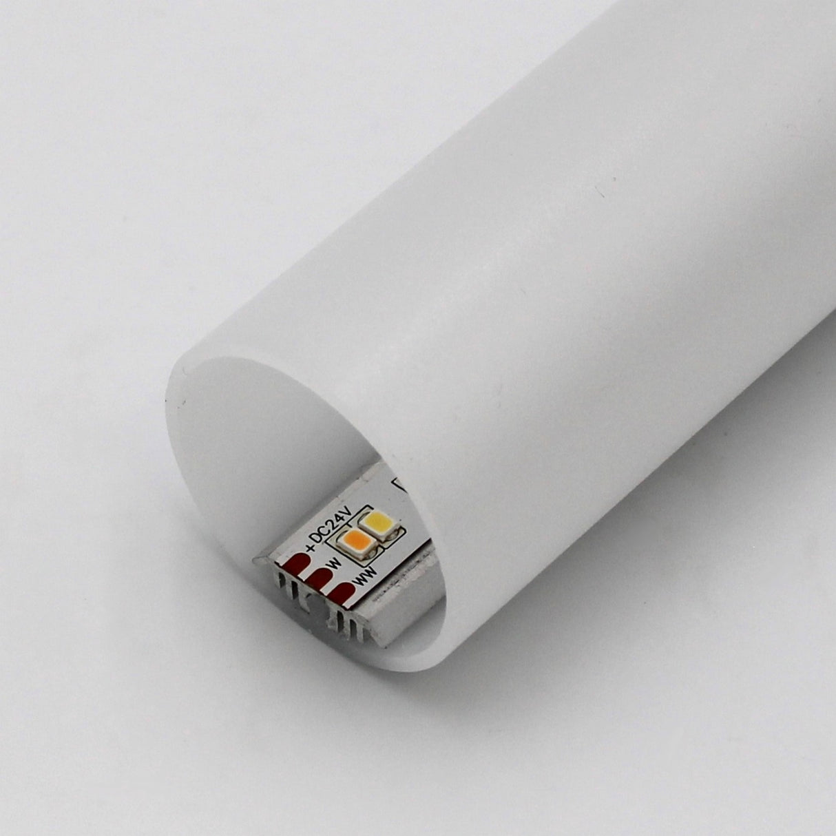 A close-up of the 1.50" Round Acrylic LED Tube (Model Sierra38) shows an LED strip partially visible inside its open end.