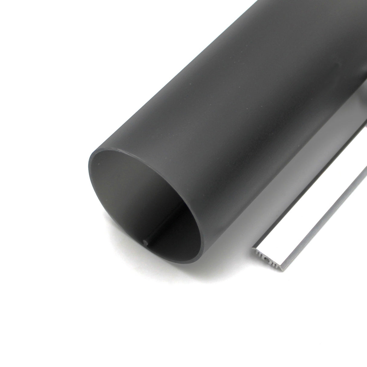 A 2.56" Round Acrylic LED Lighting Tube (Model Sierra65) in black is displayed beside a long, narrow metallic strip, both set against a white background.