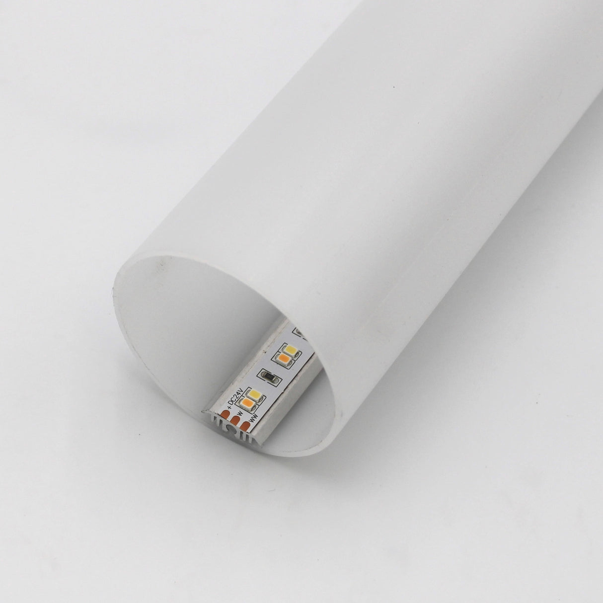 A close-up of the 2.56 Round Acrylic LED Lighting Tube (Model Sierra65) shows an LED strip partially inserted inside, with the open-ended cylindrical tube revealing the strip’s individual light components.