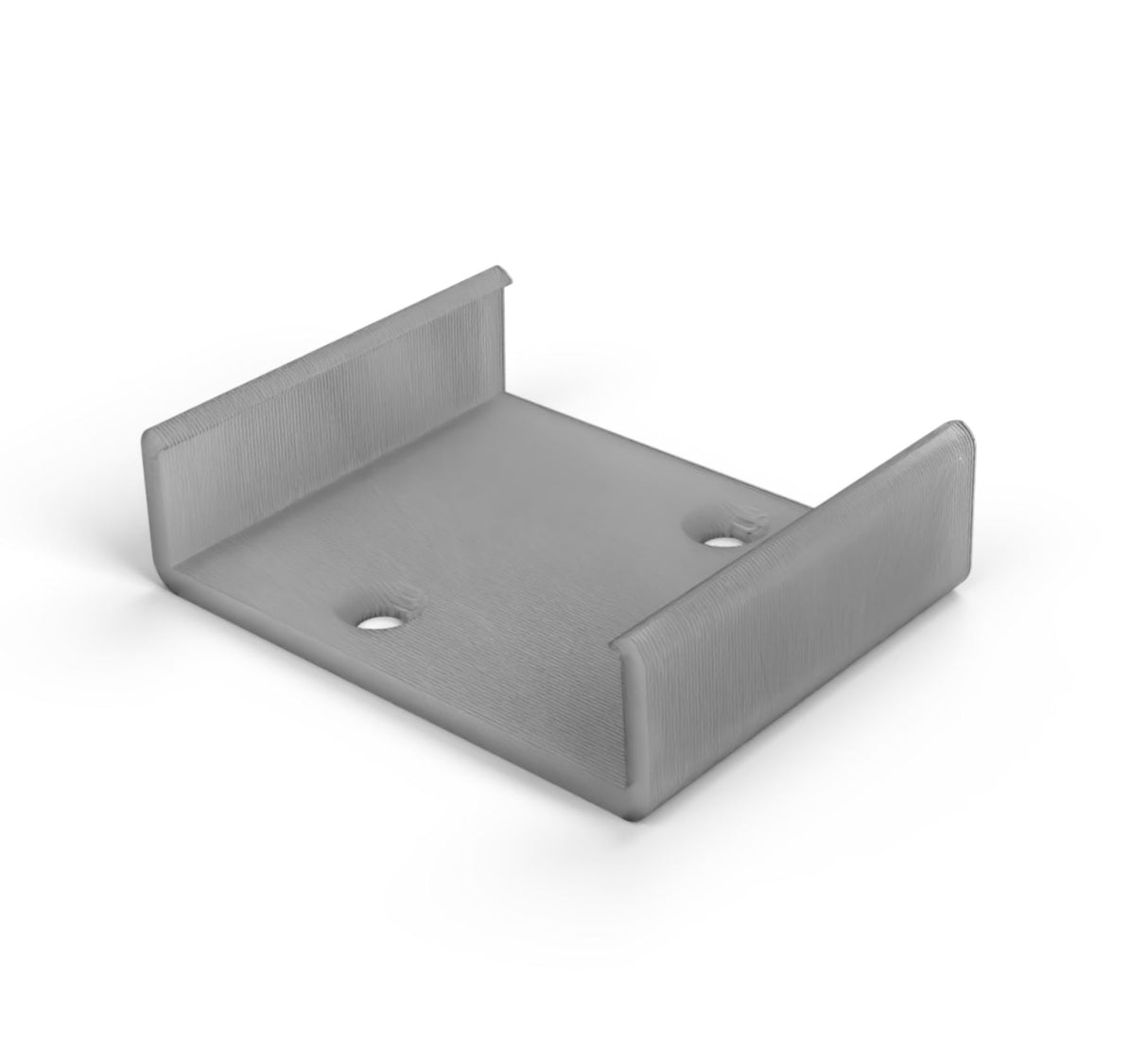 The 3D Printed Clip for SLW10 Profile features two upturned edges on opposite sides and two screw holes on the flat base, making it ideal for securing an LED profile. Shown against a white background.