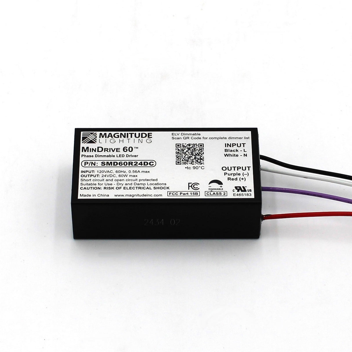 A black rectangular Mini Dimmable Constant Voltage LED Driver (24V) ~ Magnitude MinDrive 60 features labeled input/output wires, a white product label, and technical specs printed on top.