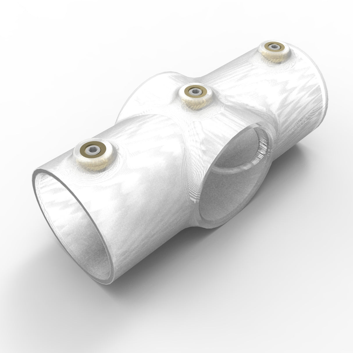 The Translucent Cross Joint for 1.50 Round Profiles features a smooth, shiny surface and three circular metal inserts at each end and on the branch. The white PETG joint is shown on a white background.