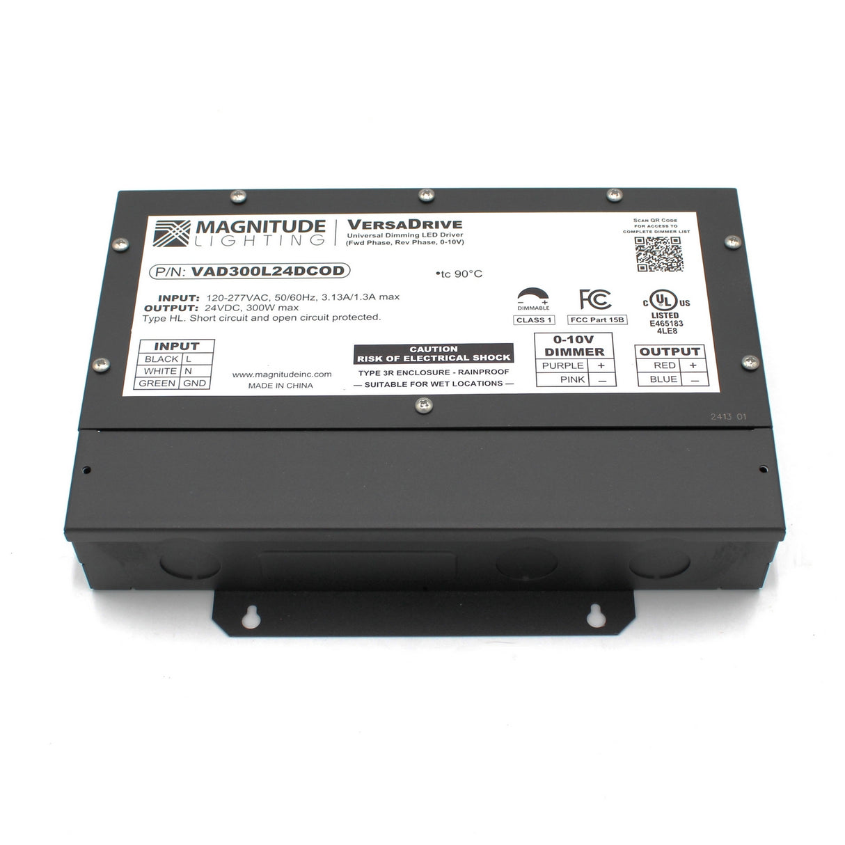 A black 5-Way Universal Dimmable Constant Voltage LED Driver (24V) ~ Magnitude VersaDrive features labeled input, output, and dimmer info, specs, warnings, certification symbols, and supports universal dimming for flicker-free performance.