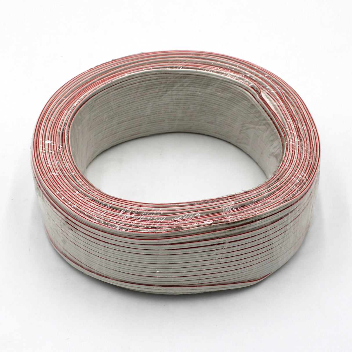 A coil of UL 2-Core 18 AWG PVC Coated Wire, white with red stripes, tightly wound in clear plastic and placed on a white surface—perfect for LED installation.