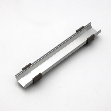 A slightly curved silver metal bar with four dark brown A103 Pair of Clips evenly spaced along its sides, set on a plain white background. Bulk pricing available.
