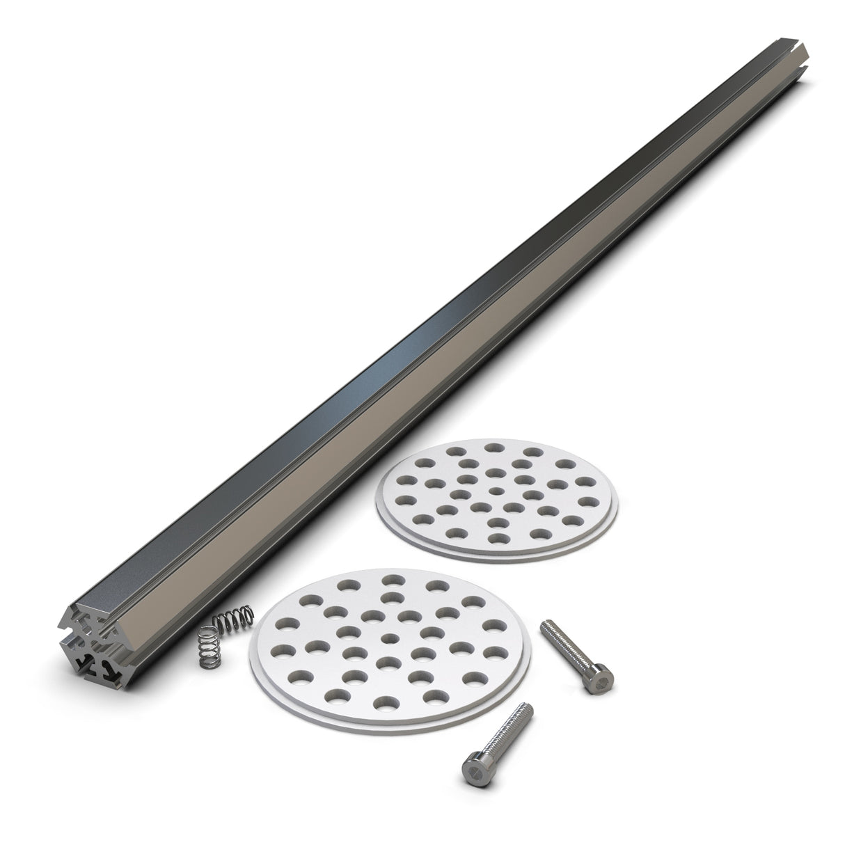 The LED Mounting Kit for Smokies70 Profile with Hexagon Heatsink includes a grooved metal rail, two round perforated white plates, an anodized aluminum end cap, two metal screws, and a small spring arranged on a white background.