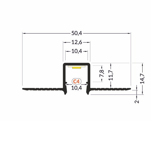 Technical drawing of the 0.39 Plasterboard Trimless LED Channel (Model Hide10): cross-section profile with labeled width 50.4 mm, height 14.7 mm, base thickness 2 mm, and C4 marked at center for a continuous light line.