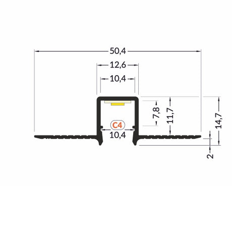 Technical drawing of the 0.39 Plasterboard Trimless LED Channel (Model Hide10): cross-section profile with labeled width 50.4 mm, height 14.7 mm, base thickness 2 mm, and C4 marked at center for a continuous light line.
