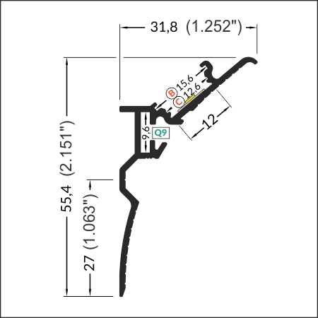 Technical drawing of a cross-section of the Plaster in Cornice LED Channel ~ Model Smooth12, an aluminum profile with dimensions and holes for seamless integration and a hidden light source.
