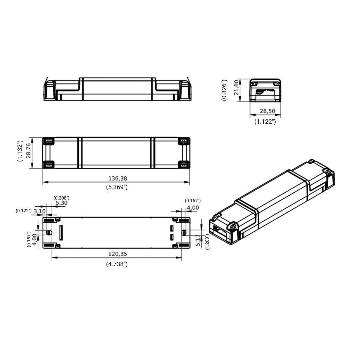 Slimline 4-Channel Constant Current LED Dimmer with Casambi ~ Model LINE-4CC-CASAMBI dimensions drawing