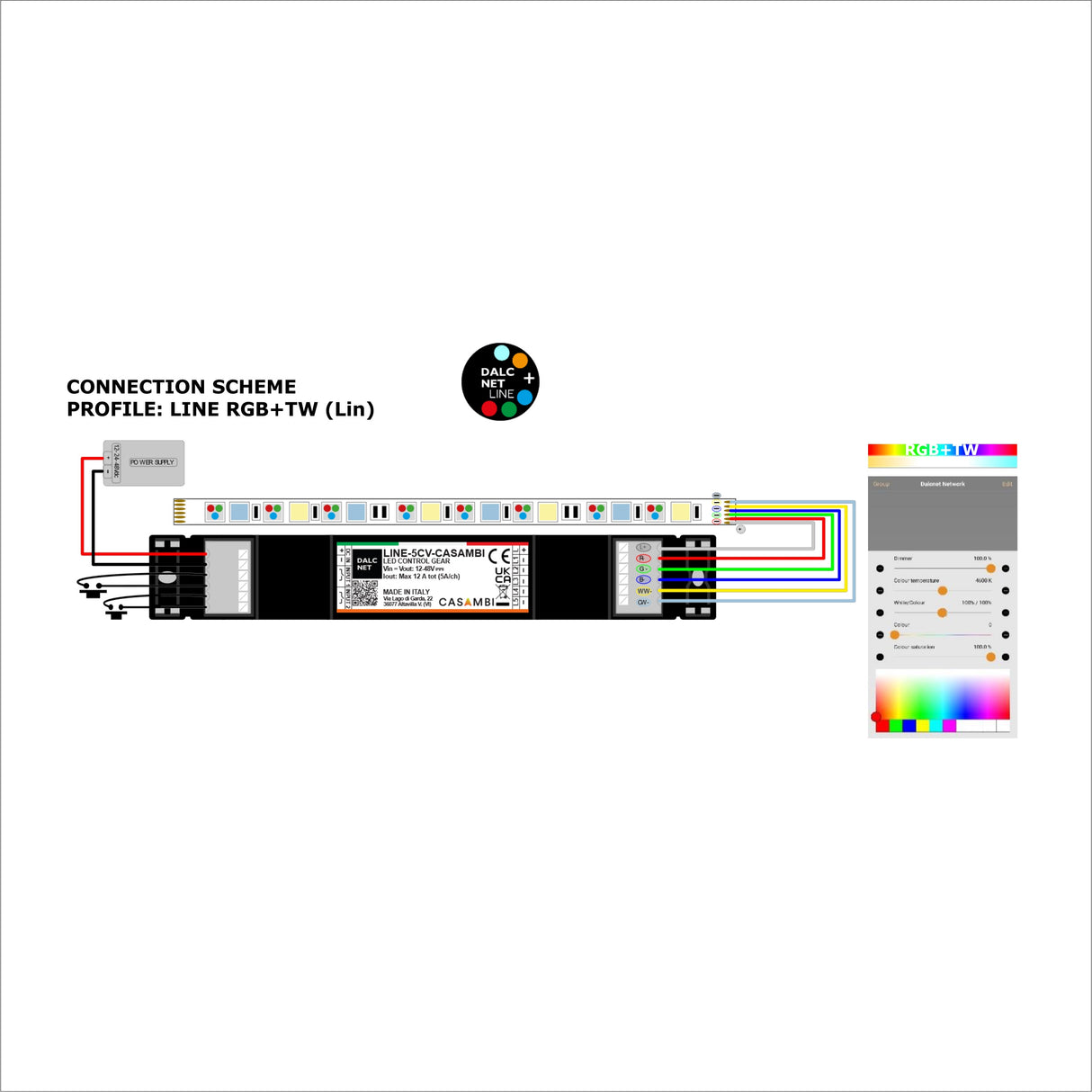 Slimline 5-Channel RGB+TW LED Dimmer with Casambi~ Model LINE-5CV-CASAMBI wiring diagram RGB+TW