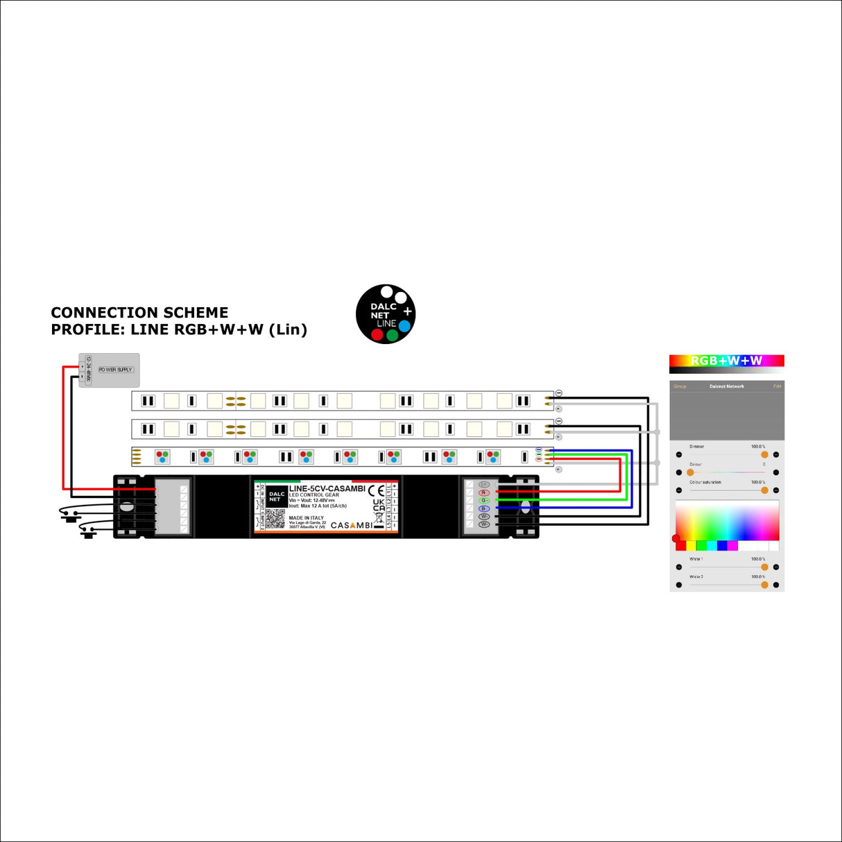 Slimline 5-Channel RGB+TW LED Dimmer with Casambi~ Model LINE-5CV-CASAMBI wiring diagram RGB and two single color strips