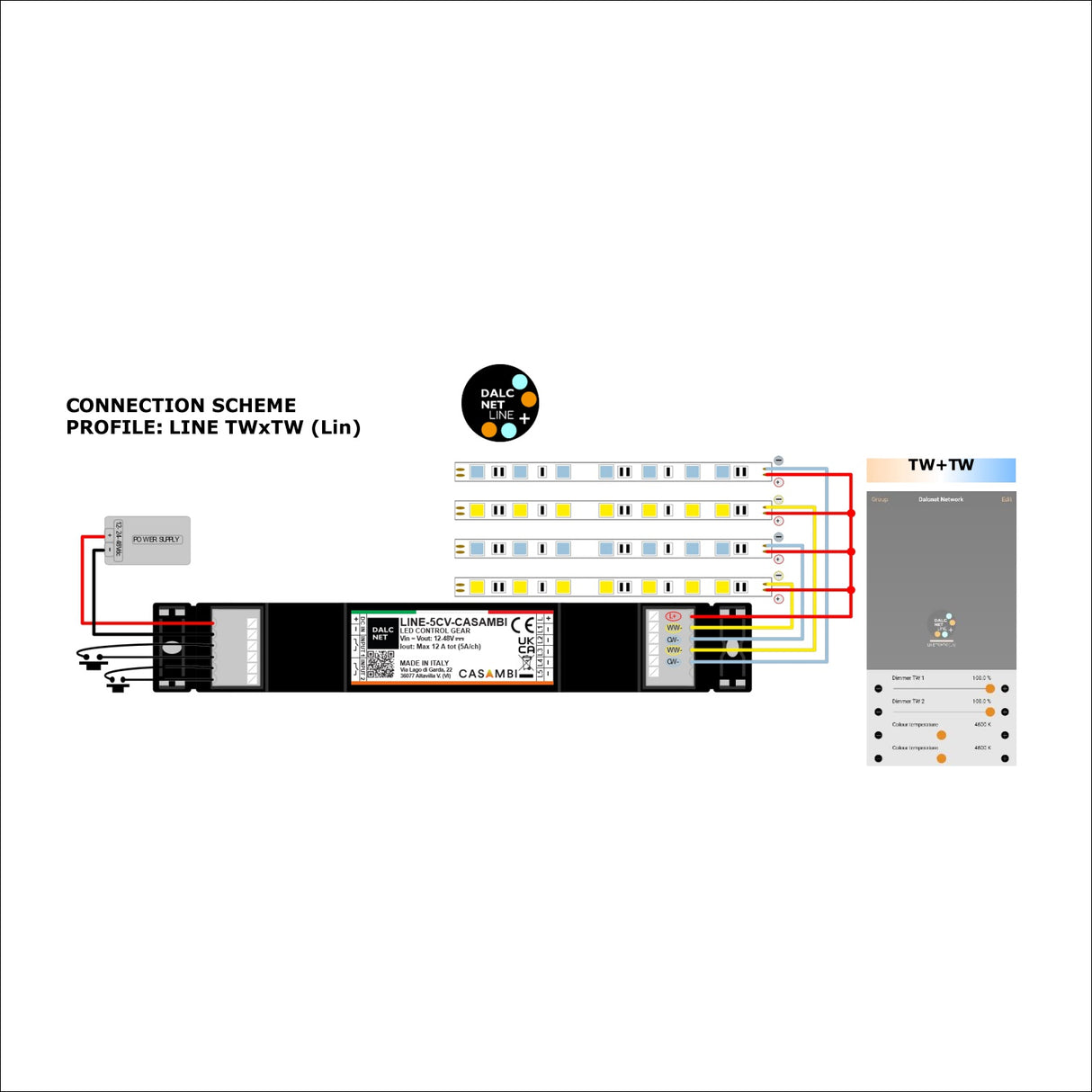Slimline 5-Channel RGB+TW LED Dimmer with Casambi~ Model LINE-5CV-CASAMBI wiring diagram two TW strips
