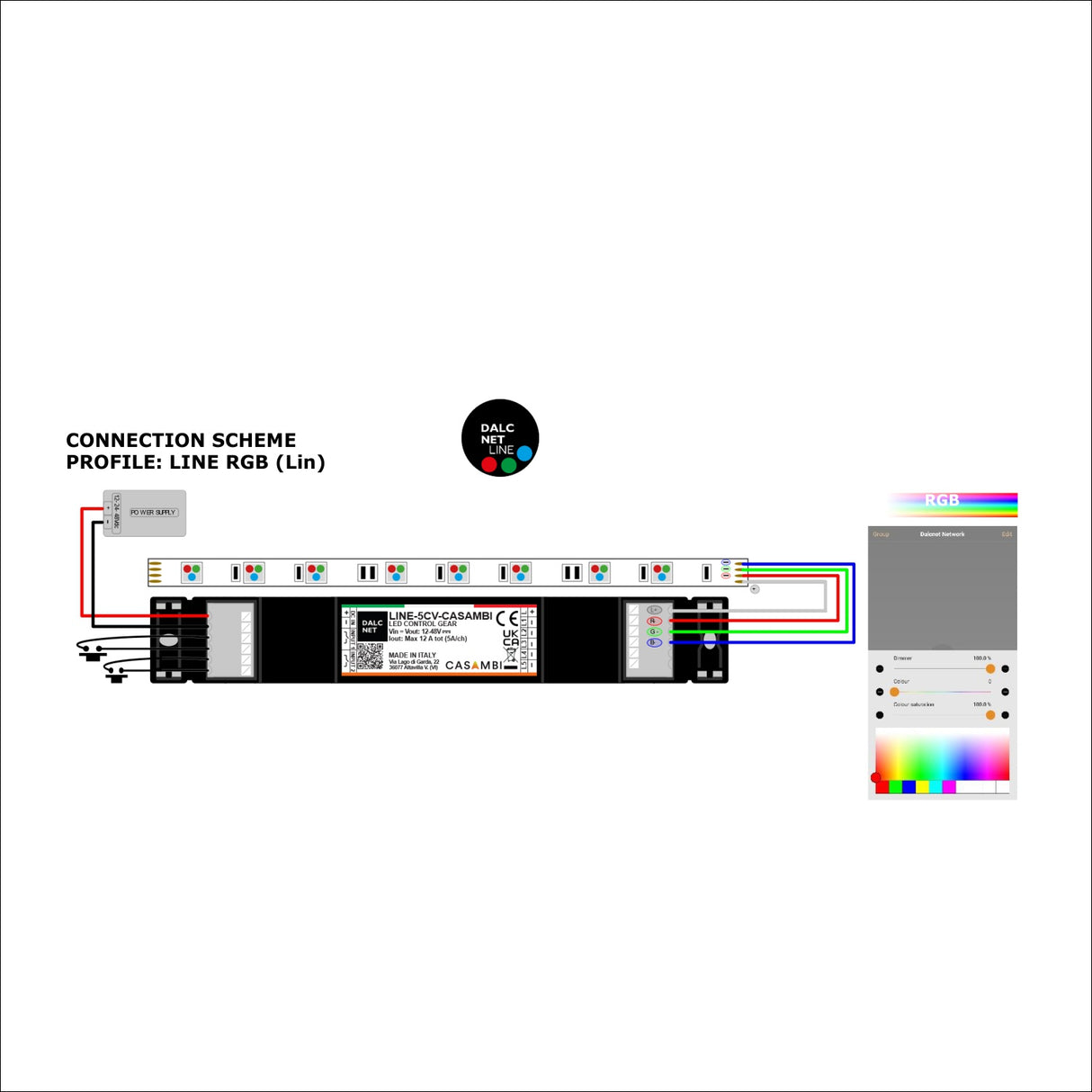 Slimline 5-Channel RGB+TW LED Dimmer with Casambi~ Model LINE-5CV-CASAMBI wiring diagram RGB