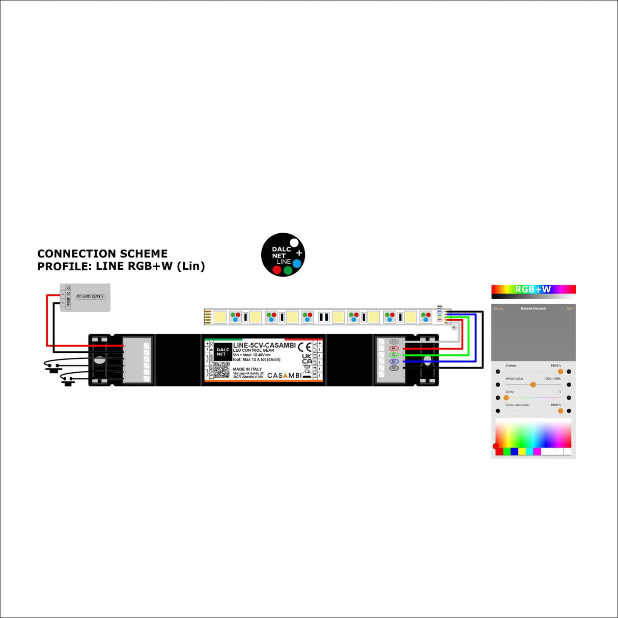 Slimline 5-Channel RGB+TW LED Dimmer with Casambi~ Model LINE-5CV-CASAMBI wiring diagram RGBW