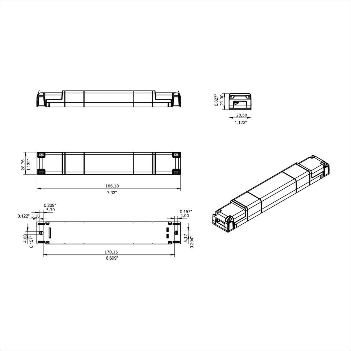 Slimline 5-Channel RGB+TW LED Dimmer with Casambi~ Model LINE-5CV-CASAMBI dimensions drawing