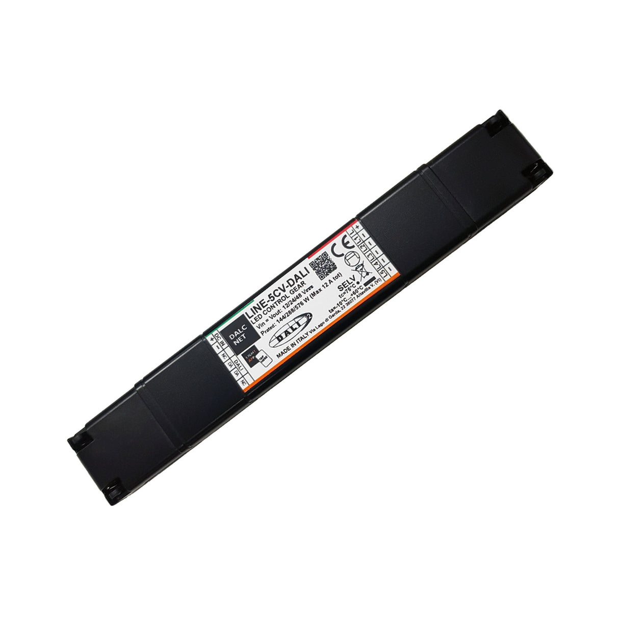 A rectangular black Slimline 5-Channel RGB+TW LED Dimmer with DALI (Model LINE-5CV-DALI) features labeled connectors, a white technical specs sticker, PWM constant voltage output, and certification marks.