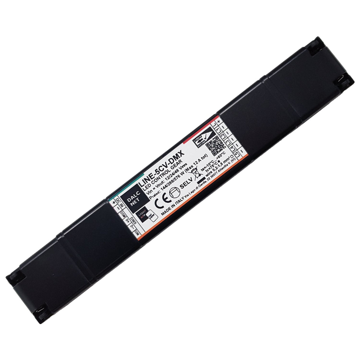 A rectangular black Slimline 5-Channel RGB+TW LED Dimmer with a central label showing technical specs, input/output info, model LINE-5CV-DMX, DMX512 protocol compatibility, and certification marks.