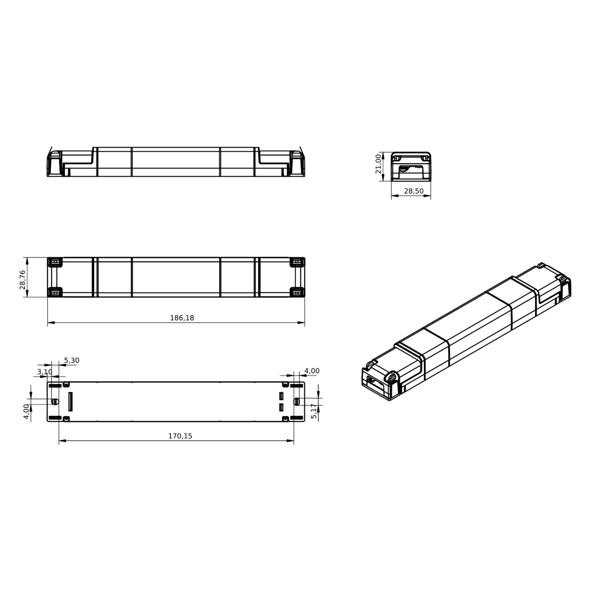 Technical drawing of the Slimline 5-Channel RGB+TW LED Dimmer (Model LINE-5CV-DMX) shown from multiple angles with labeled dimensions: 186.18 mm length, 28.50 mm width, and 31.20 mm height. Supports DMX512 for precise lighting control.