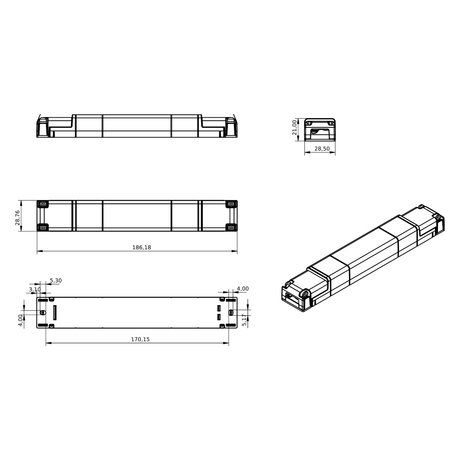 Technical drawing of the Slimline 5-Channel RGB+TW LED Dimmer (Model LINE-5CV-DMX) shown from multiple angles with labeled dimensions: 186.18 mm length, 28.50 mm width, and 31.20 mm height. Supports DMX512 for precise lighting control.