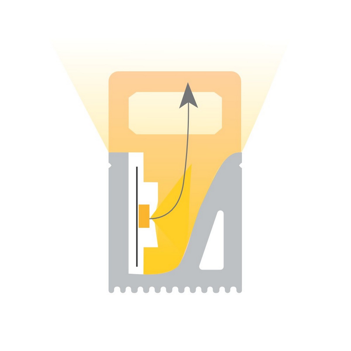 Illustration of the Flexible LED Neon Light Silicone Profile ~ Model Neon Las Vegas emitting light upward, with its flexible shape curving the beam before projecting out the top. Ideal for decorative outdoor lighting, shown with an arrow indicating light flow direction.