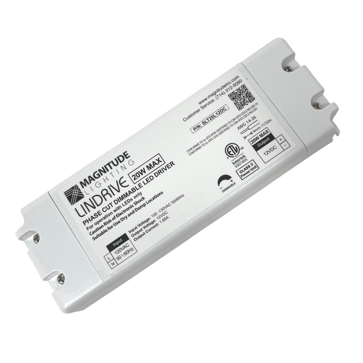 A Compact Electronic Phase Dimmable LED Driver (12V) by Magnitude LinDrive, featuring printed specs, ETL Listed logos, phase dimmable marking, and a QR code on its label, shown against a white background.