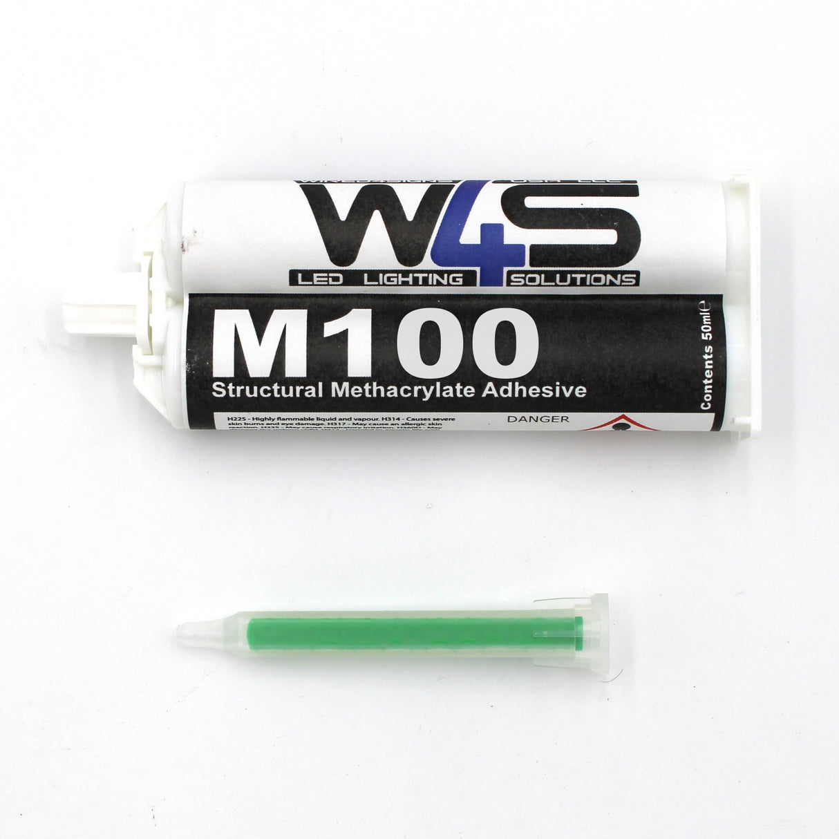 A tube labeled Marine 2-part Methacrylate Adhesive ~ W4S M100 (50ml 1:1 Mix / A-System) is shown above a green mixing nozzle, both set on a white background.