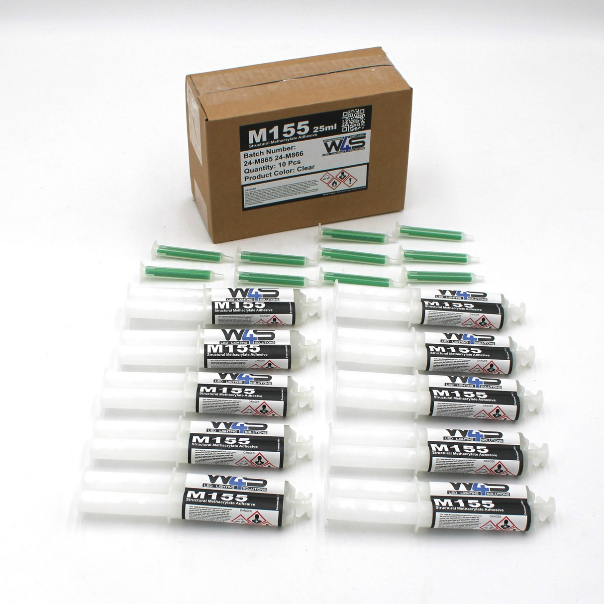 A brown box labeled Clear 2-part Methacrylate Adhesive ~ W4S M155 (25ml 1:1 Mix / A-System) is behind 12 M155-labeled syringes with clear adhesive and 12 green applicator tips, arranged in two rows on a white surface.