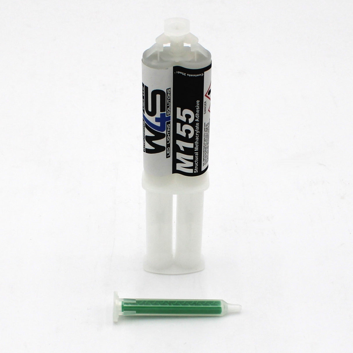 A Clear 2-part Methacrylate Adhesive ~ W4S M155 (25ml 1:1 Mix / A-System) dual-barrel syringe stands upright on a white surface, with a separate green mixing nozzle in front, ideal for high-strength transparent bonding.