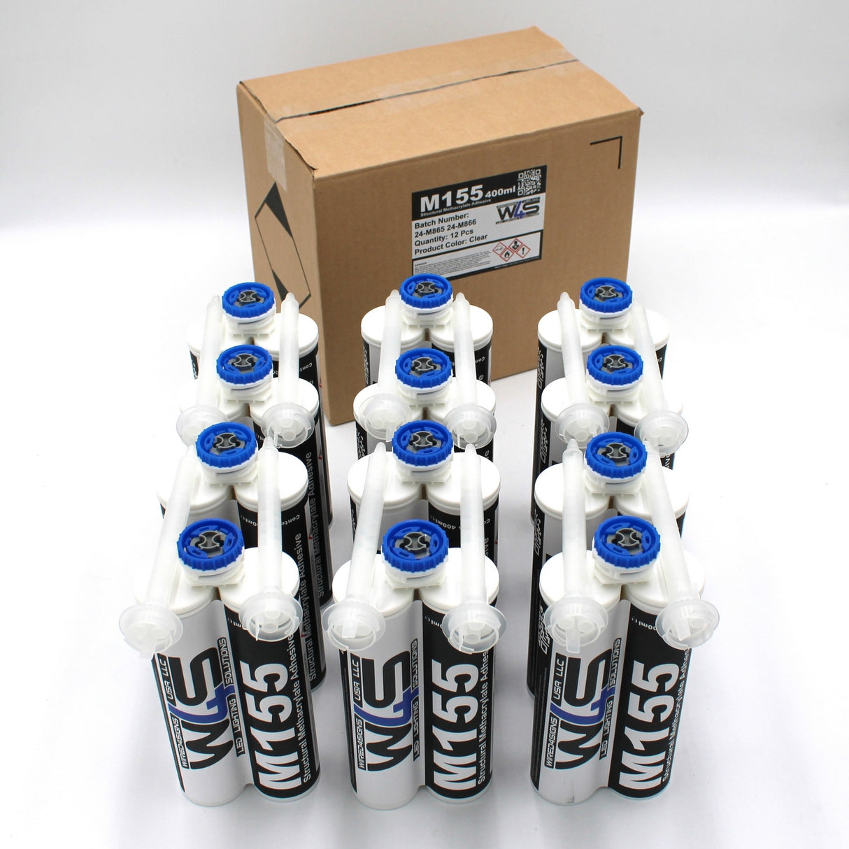 Twelve tubes of Clear 2-part Methacrylate Adhesive W4S M155 (400ml 1:1 Mix / ACF-System) with blue caps are arranged in rows before a brown shipping box labeled M155 on a white background, suitable for high strength bonding.