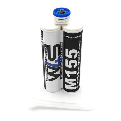 A dual-cartridge tube of Clear 2-part Methacrylate Adhesive ~ W4S M155 (400ml 1:1 Mix / ACF-System), ideal for high strength bonding. A white mixing nozzle is in front, with black, blue, and white labeling on the tube.