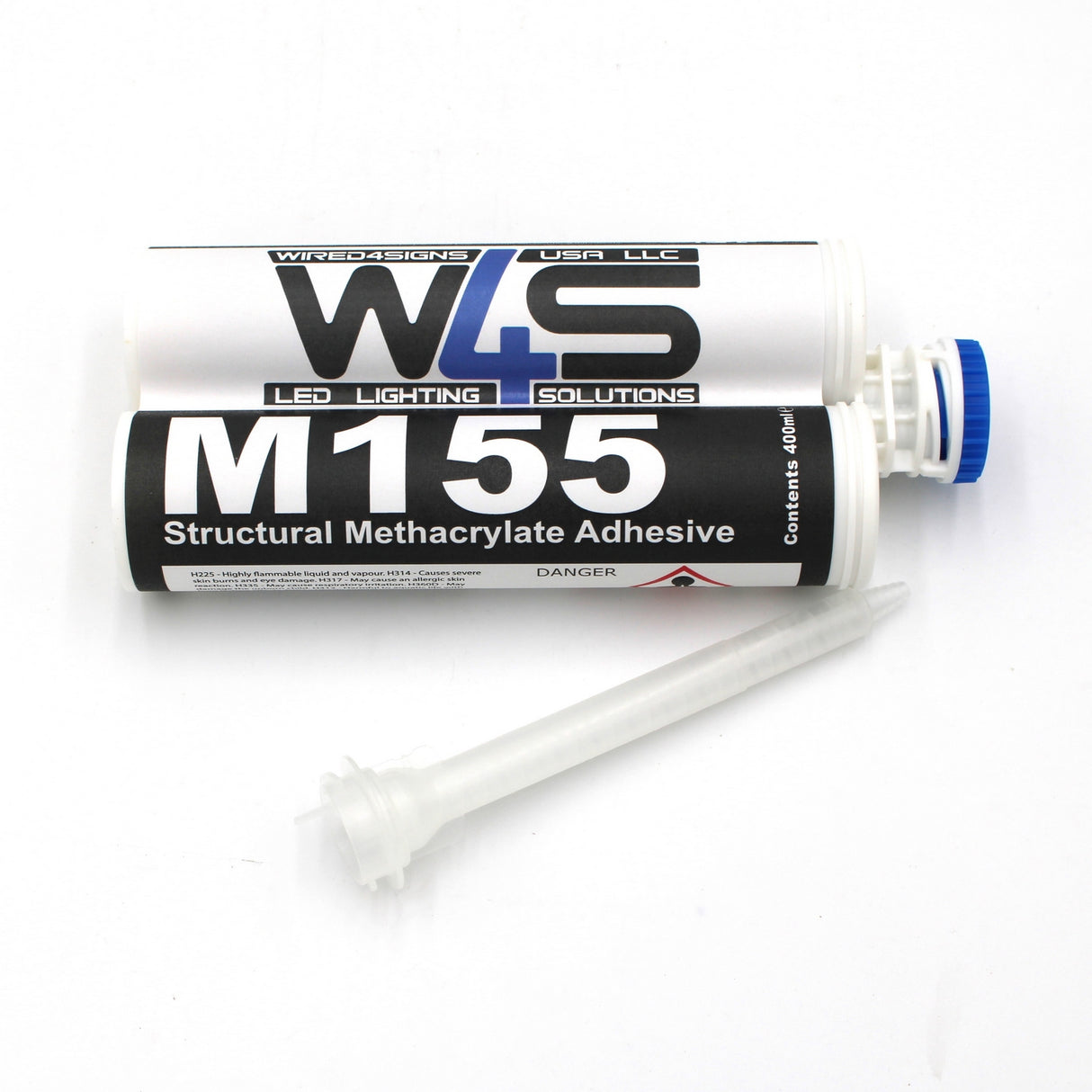 Two tubes of Clear 2-part Methacrylate Adhesive ~ W4S M155 (400ml 1:1 Mix / ACF-System), designed for high strength and plastic bonding, plus a clear mixing nozzle, are displayed on a white background.