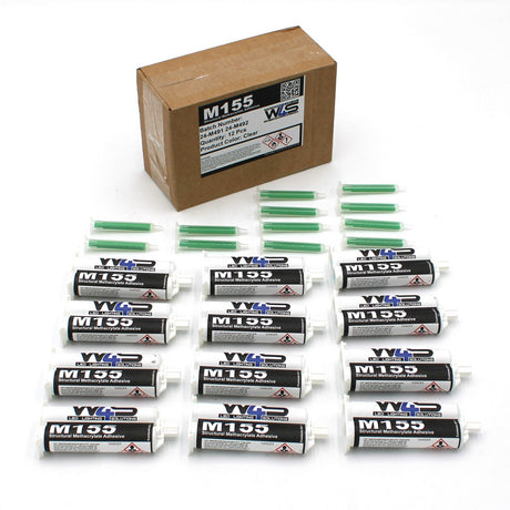 A cardboard box labeled W4S M155 sits behind twelve black-and-white 50ml Clear 2-part Methacrylate Adhesive cartridges (1:1 Mix, A-System) and twelve green mixing nozzles, all neatly arranged on a white background.