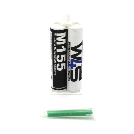 A dual-chamber cartridge labeled Clear 2-part Methacrylate Adhesive with mixer ~ W4S M155 (50ml 1:1 Mix / A-System) stands upright on a white background, with a green mixing nozzle in front, ready for strong bonding applications.