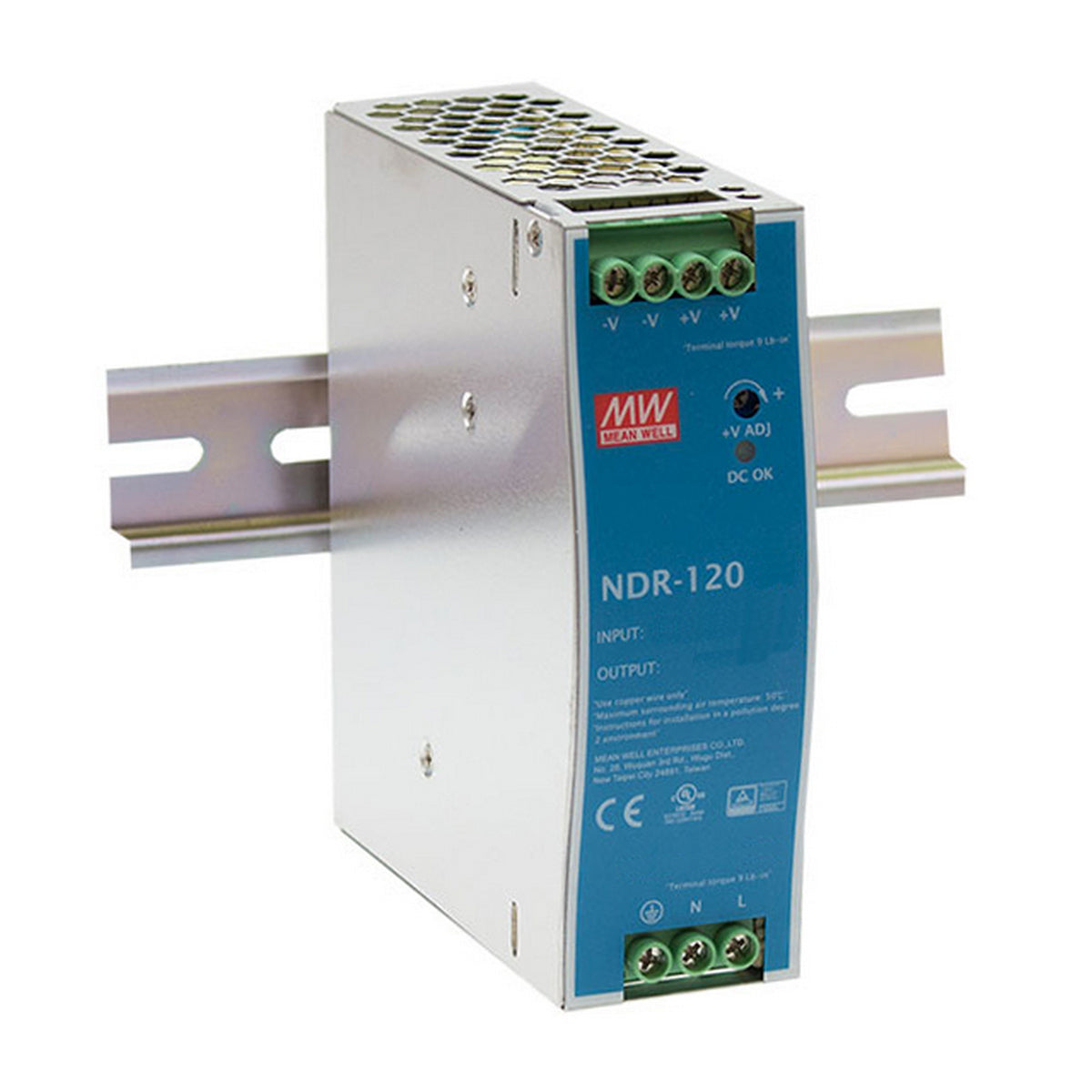 The Meanwell NDR Series 24V DC DIN Rail Power Supply features green screw terminals, a blue front panel, and top ventilation holes, ideal for switch-mode power in LED lighting applications.