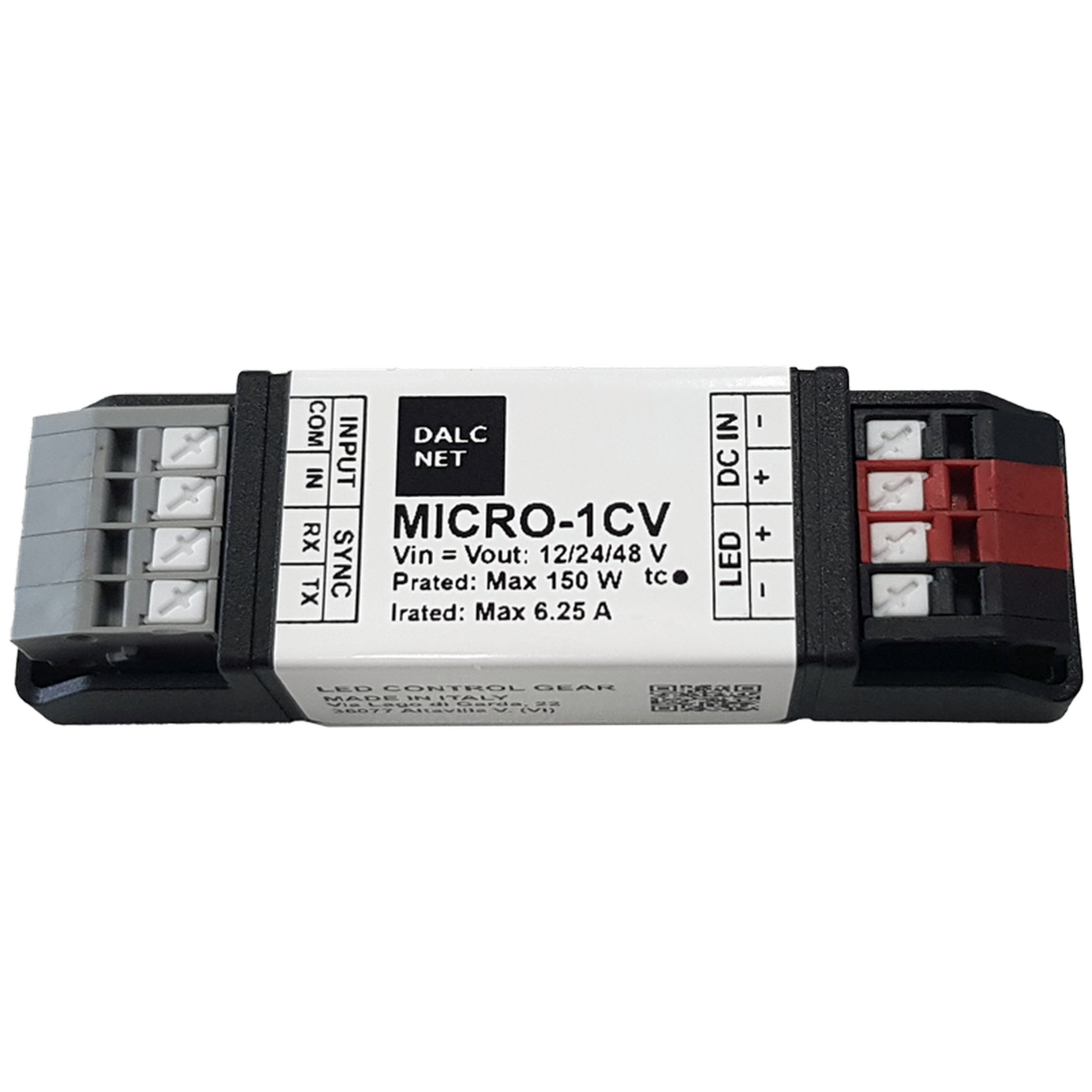 A 1-Channel LED Dimmer with Push Button Control (Model MICRO-1CV) features labeled input/output terminals, specs including 12/24/48V, max power 150W, and max current 6.25A, shown on a gray background.