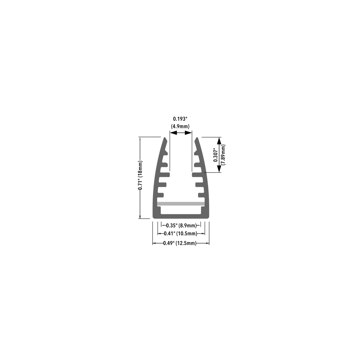 Cross-sectional diagram of the 1/4 LED Edge-lit Acrylic Sign Base Channel (Model Mikro10) with grooves, showing dimensions: 0.193 (4.9mm) top width, 0.417 (10.5mm), 0.35 (8.9mm), 0.49 (12.5mm) base, and 0.717 (18mm) height.