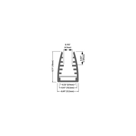 Cross-sectional diagram of the 1/4 LED Edge-lit Acrylic Sign Base Channel (Model Mikro10) with grooves, showing dimensions: 0.193 (4.9mm) top width, 0.417 (10.5mm), 0.35 (8.9mm), 0.49 (12.5mm) base, and 0.717 (18mm) height.