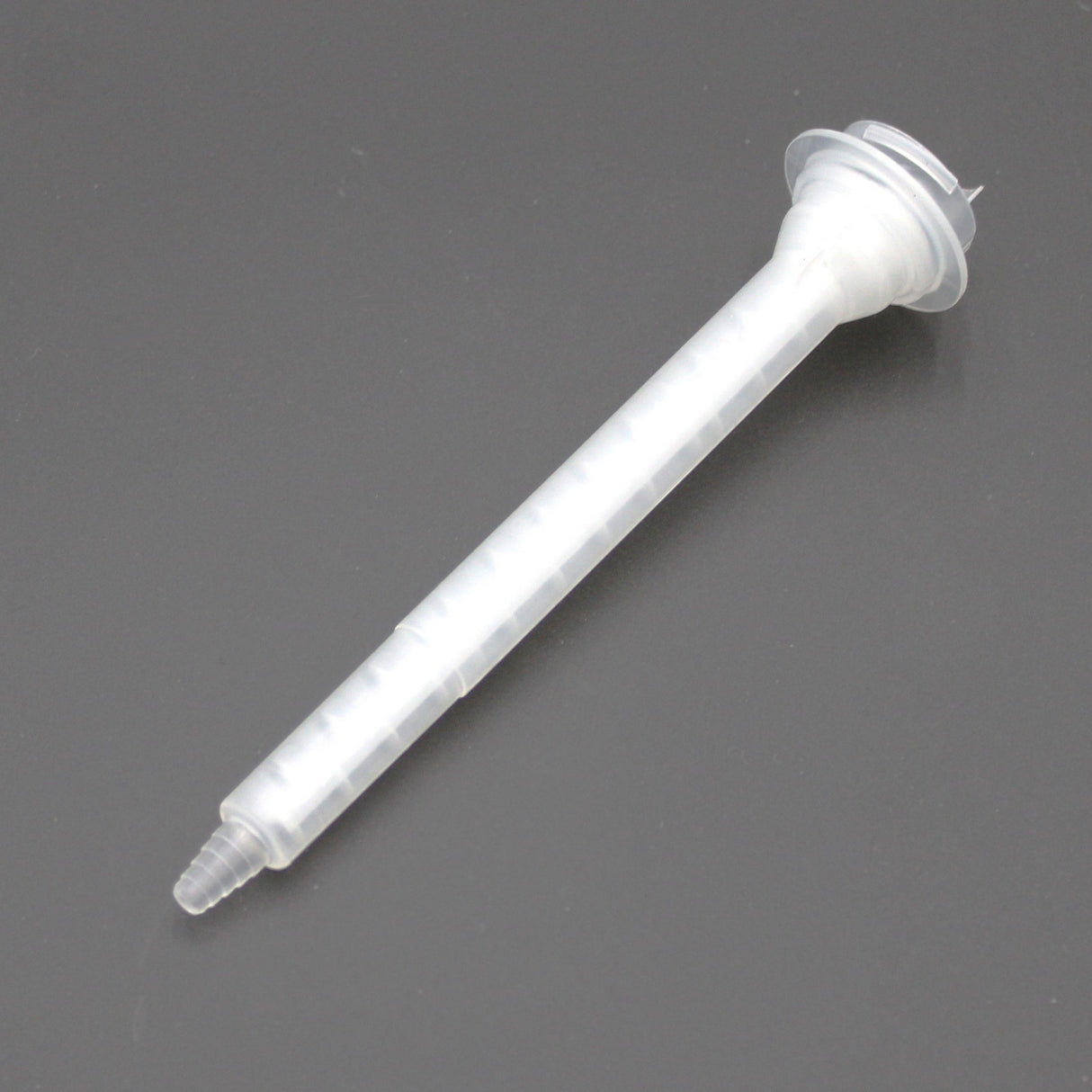 The Static Mixer for 2-Part Methacrylate 400ml 1:1 Mix features a translucent plastic spiral design, tapered tip, and threaded ACF-System twist-lock base for precise adhesive dispensing, shown against a dark background.