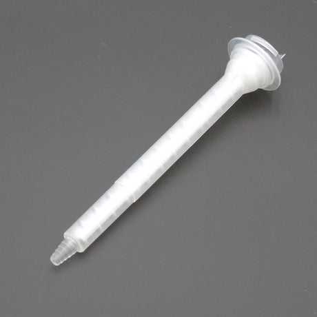 The Static Mixer for 2-Part Methacrylate 400ml 1:1 Mix features a translucent plastic spiral design, tapered tip, and threaded ACF-System twist-lock base for precise adhesive dispensing, shown against a dark background.