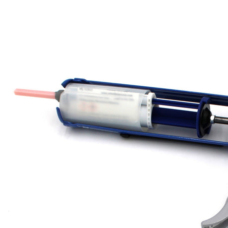 A close-up of the Caulking Gun Adaptor for Methacrylate 50ml 10:1 Mix (Round Flange) with a dual-barrel adhesive syringe, pink mixing nozzle, and blue caulking gun against a white background.