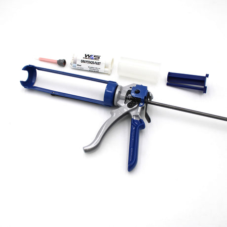 A Caulking Gun Adaptor for Methacrylate 50ml 10:1 Mix (Round Flange), along with a 2-part adhesive cartridge, mixing nozzle, and blue tube holder, is displayed on a white background.