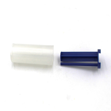A Caulking Gun Adaptor for Methacrylate 50ml 10:1 Mix (Round Flange) and a blue two-pronged plastic tool are displayed side by side on a white background.