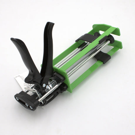 A Manual Cartridge Gun for Methacrylate 400ml 1:1 Mix, featuring a green and black design with dual handles and metal rods for dispensing adhesives or sealants, is shown on a white background.