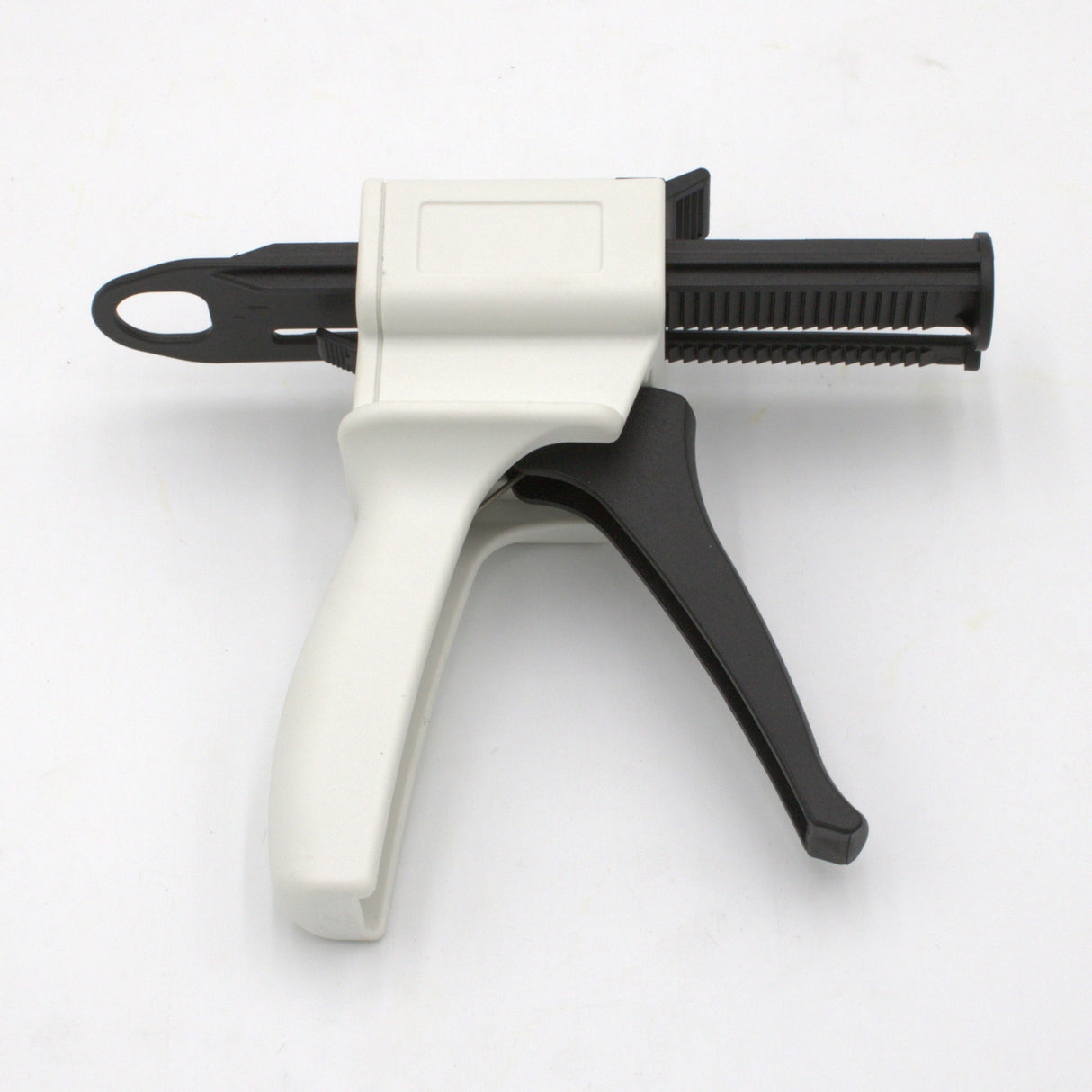 The Manual Cartridge Gun for Methacrylate 50ml 10:1 Mix (Round Flange), a white and black plastic hand tool for adhesive dispensing, is displayed against a plain white background.
