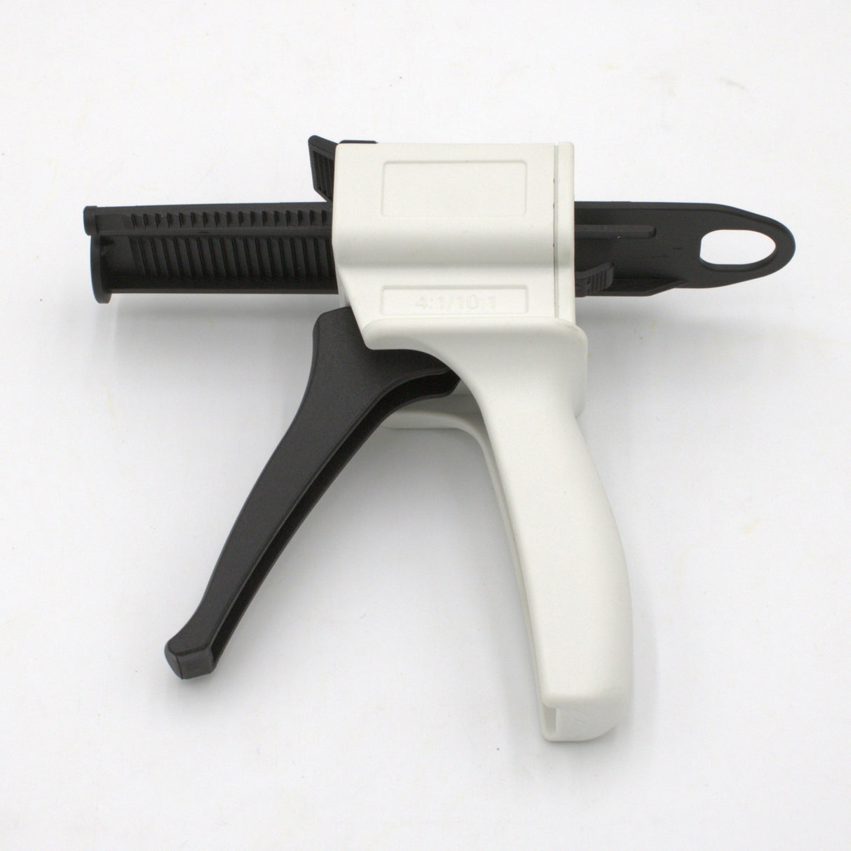 The Manual Cartridge Gun for Methacrylate 50ml 10:1 Mix (Round Flange) is a white and black plastic trigger-handle tool for precise manual adhesive dispensing, shown on a plain white background.
