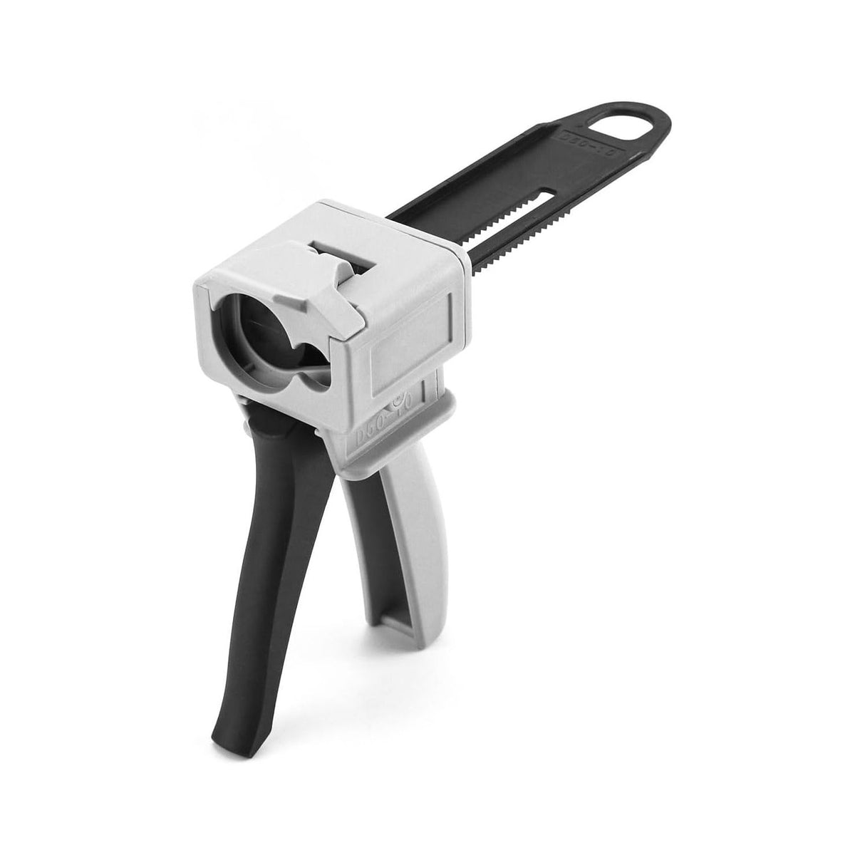 The Budget Cartridge Gun for Methacrylate 50ml 10:1 Mix (Round Flange) features a black and gray handle, built-in cutting tool, and is designed for dispensing two-part adhesives from 50ml cartridges.